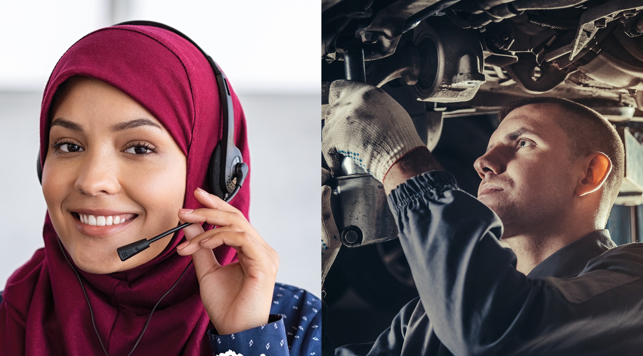 Kvinna pratar i headset, en man mekkar med en bil