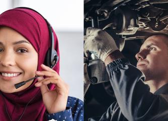 Kvinna pratar i headset och en man reparerar en bil
